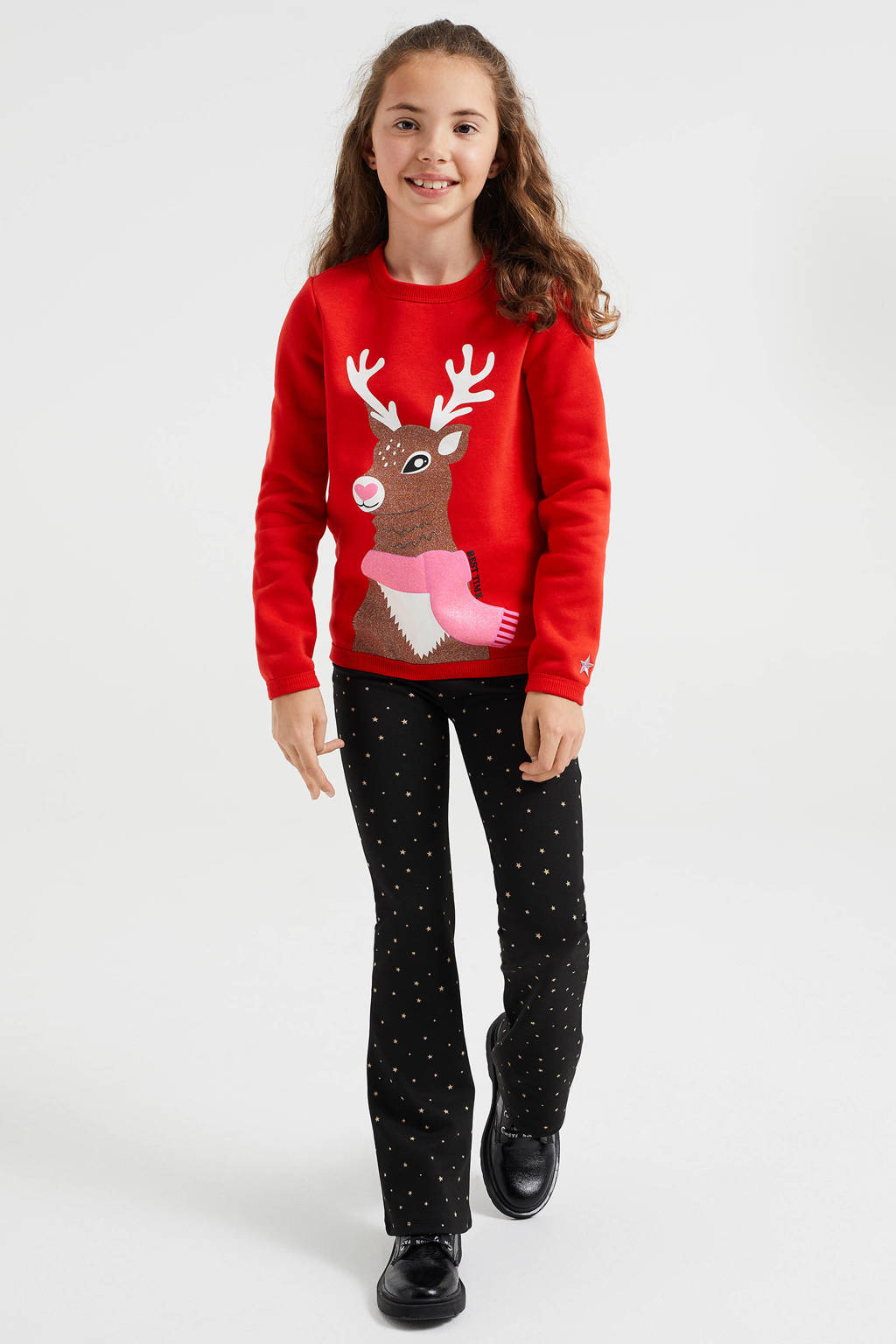 Rode meisjes WE Fashion kerstsweater en glitters met printopdruk, lange mouwen en ronde hals