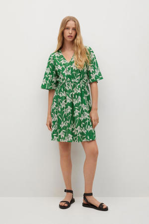 gebloemde jurk groen/wit/zwart