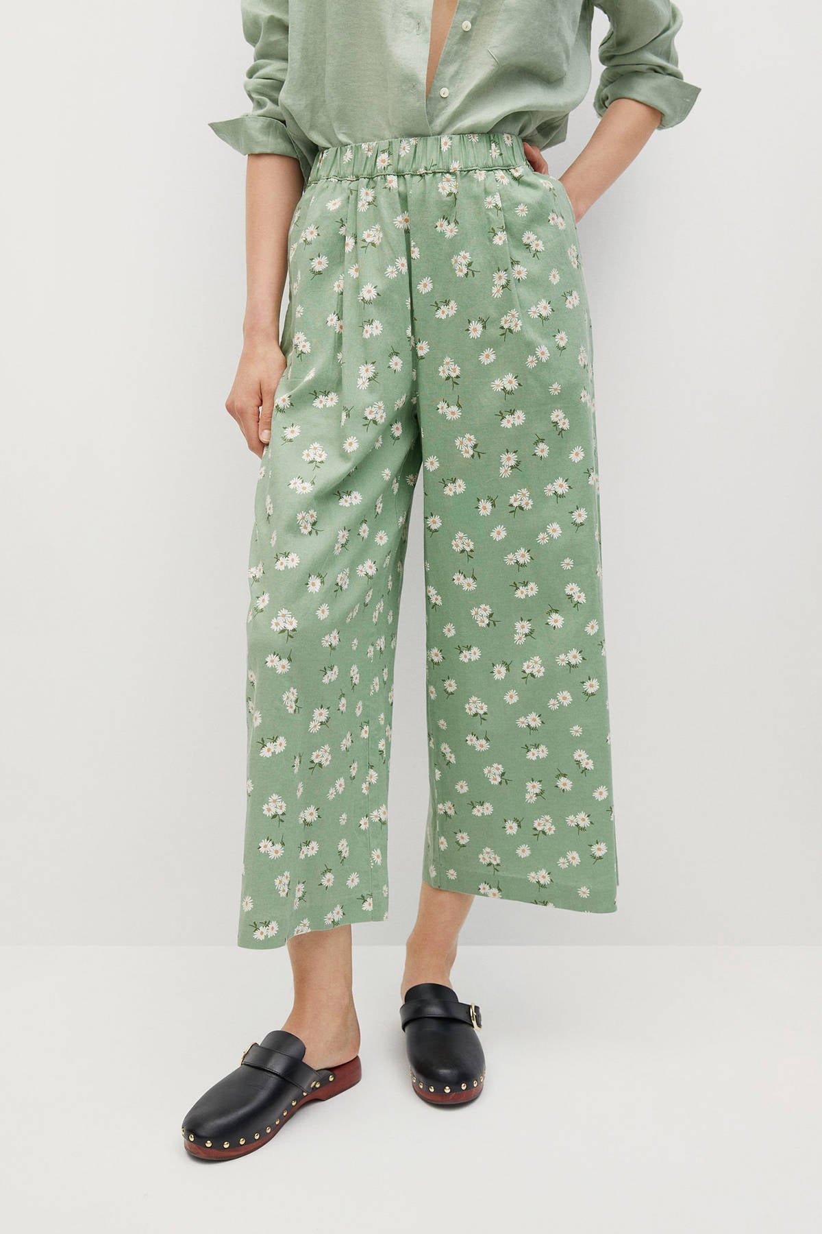 Mango gebloemde cropped high waist wide leg culotte groen | wehkamp