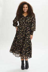 Zwart, lichtbruin en gouden dames Kaffe Curve semi-transparante A-lijn jurk KCfiona Dress van gerecycled polyester met all over print, lange mouwen en V-hals