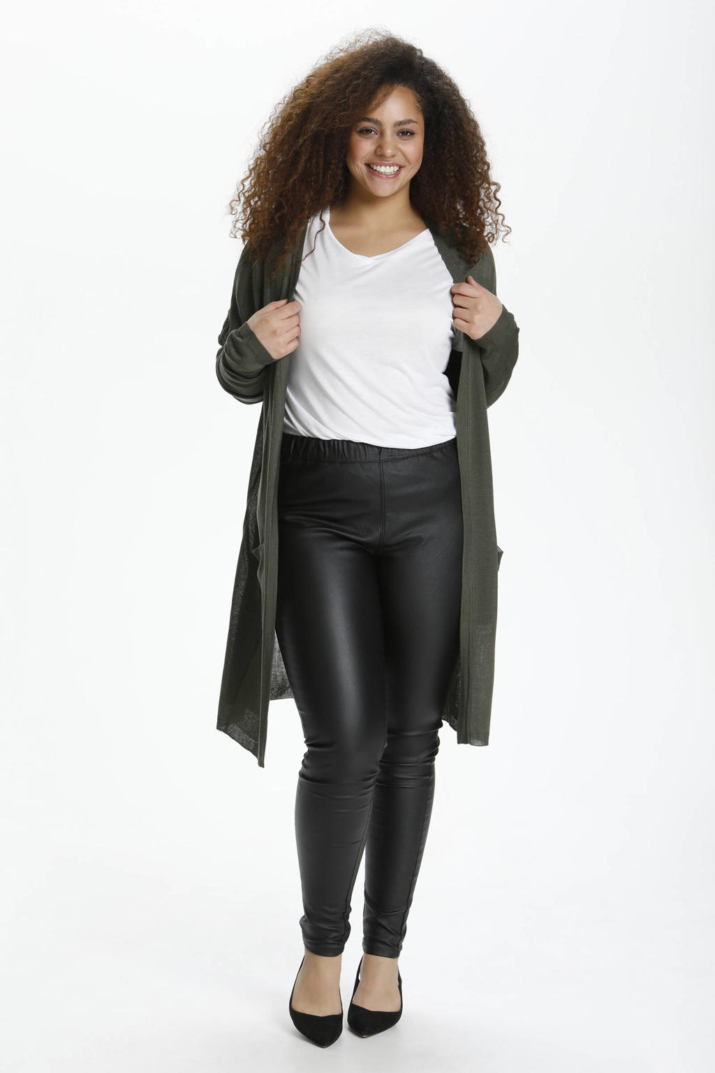 Donkergroene dames Kaffe Curve semi-transparant vest KCsandy van viscose met effen, lange mouwen en openvallende hals
