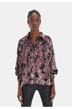 semi-transparante fluwelen blouse Pink Burnout met all over print roze/zwart