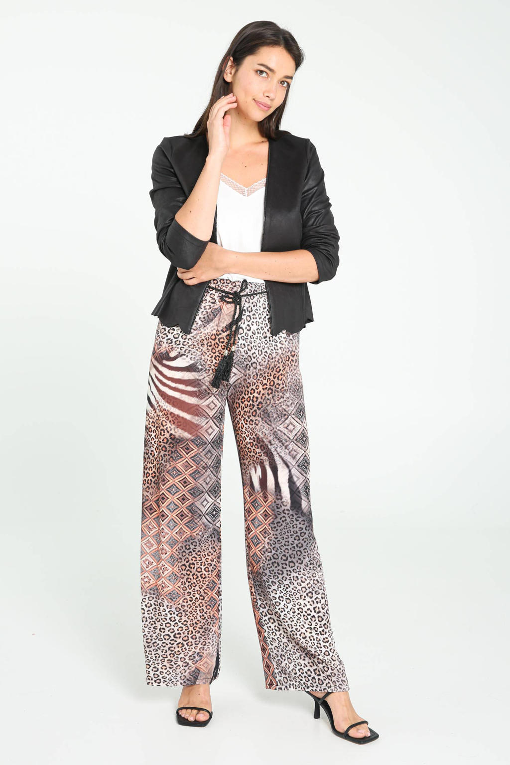 Grijs, bruin en witte dames Cassis straight fit broek van polyester met regular waist, elastische tailleband en dierenprint