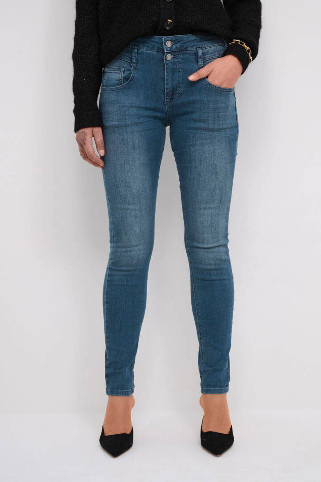 Donkerblauwe dames My Essential Wardrobe slim fit jeans van stretchdenim met regular waist