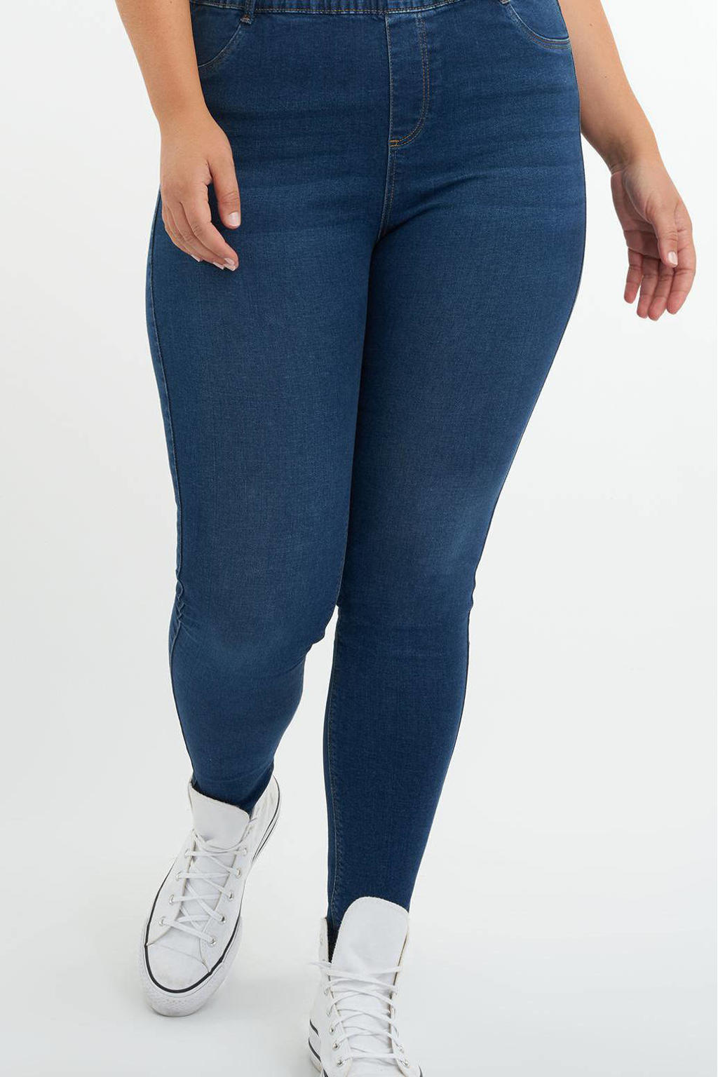 Donkerblauwe dames MS Mode low waist slim fit jegging van stretchdenim met elastische tailleband