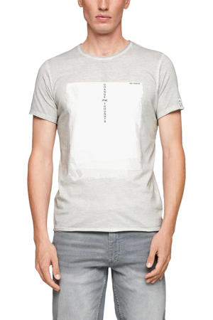 slim fit T-shirt met printopdruk lichtgrijs