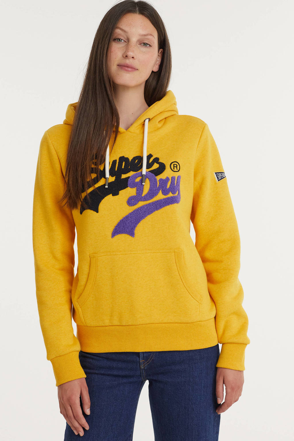 Gele dames Superdry hoodie van katoen met logo dessin, lange mouwen, capuchon en geribde boorden