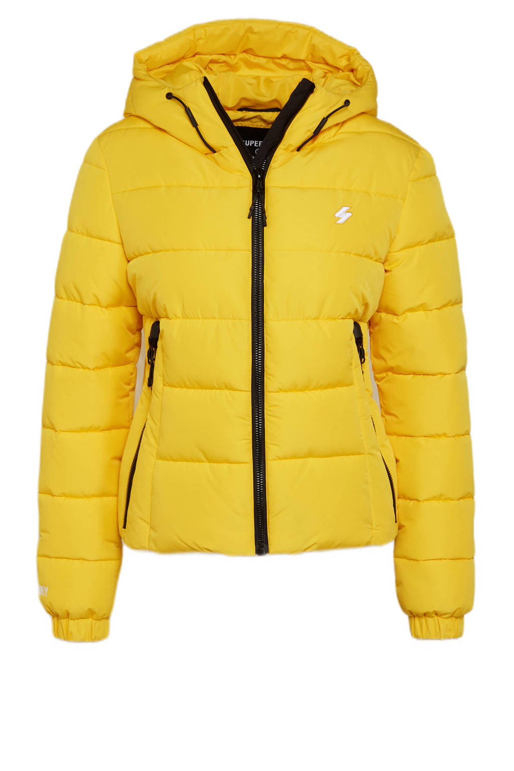 Gele dames Superdry gewatteerde jas van polyester met lange mouwen, capuchon, ritssluiting en doorgestikte details
