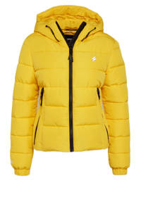 Gele dames Superdry gewatteerde jas van polyester met lange mouwen, capuchon, ritssluiting en doorgestikte details