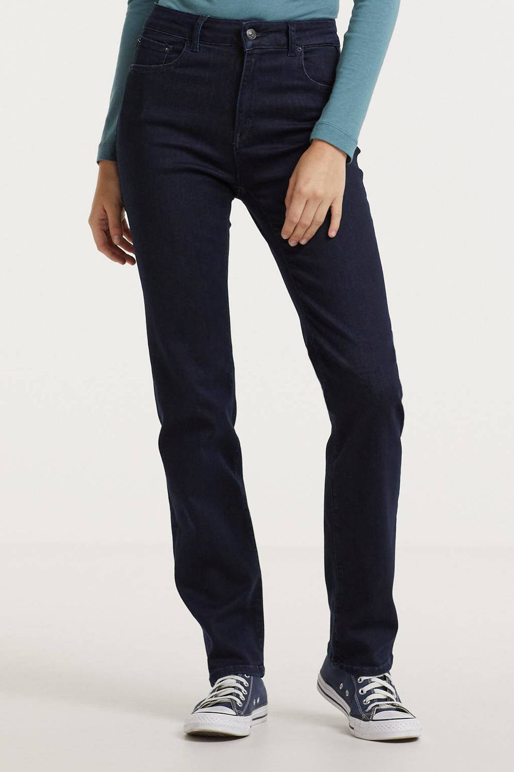 Donkerblauwe dames REPLAY high waist straight fit jeans van stretchdenim met rits- en knoopsluiting