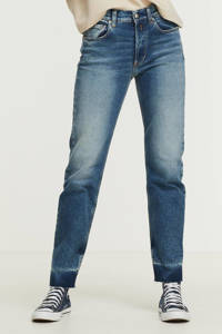 Lichtblauwe dames REPLAY high waist straight fit jeans van stretchdenim met rits- en knoopsluiting