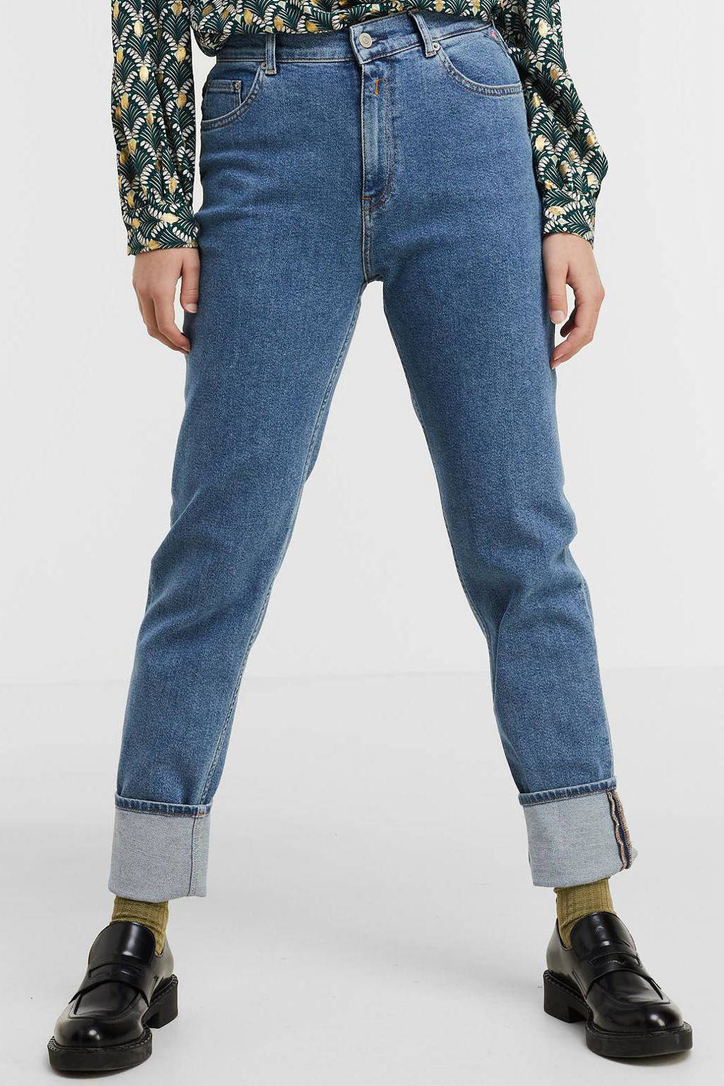 Lichtblauwe dames REPLAY high waist tapered fit jeans van stretchdenim met rits- en knoopsluiting
