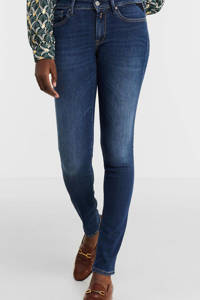 Donkerblauwe dames REPLAY skinny jeans van stretchdenim met rits- en knoopsluiting
