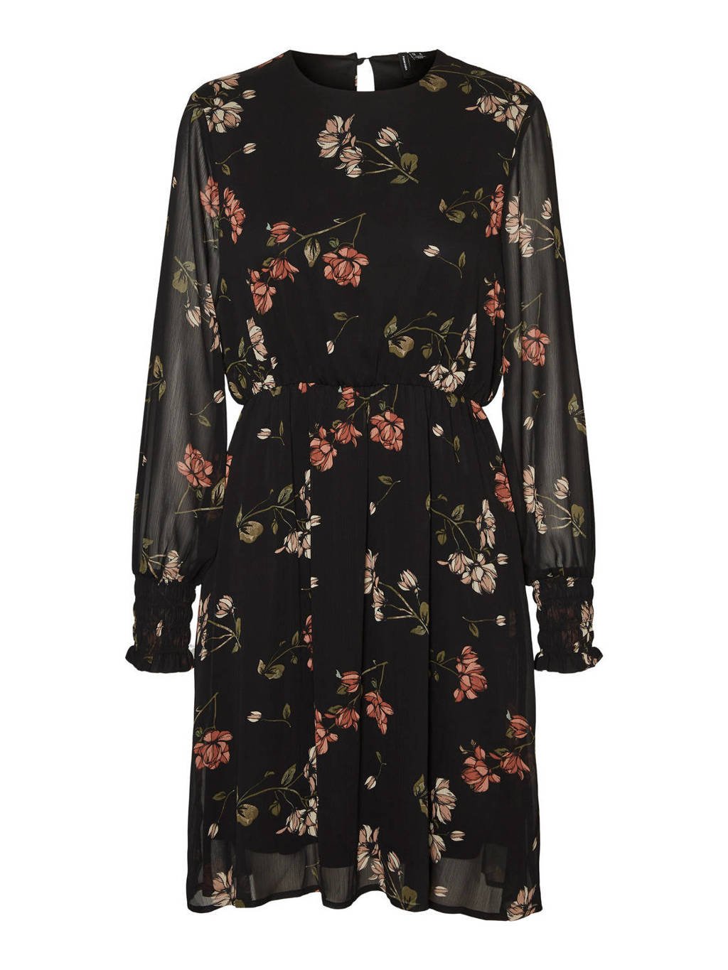 VERO MODA CURVE semi-transparante jurk VMSMILLA van gerecycled polyester zwart/rood/groen, Zwart/rood/groen
