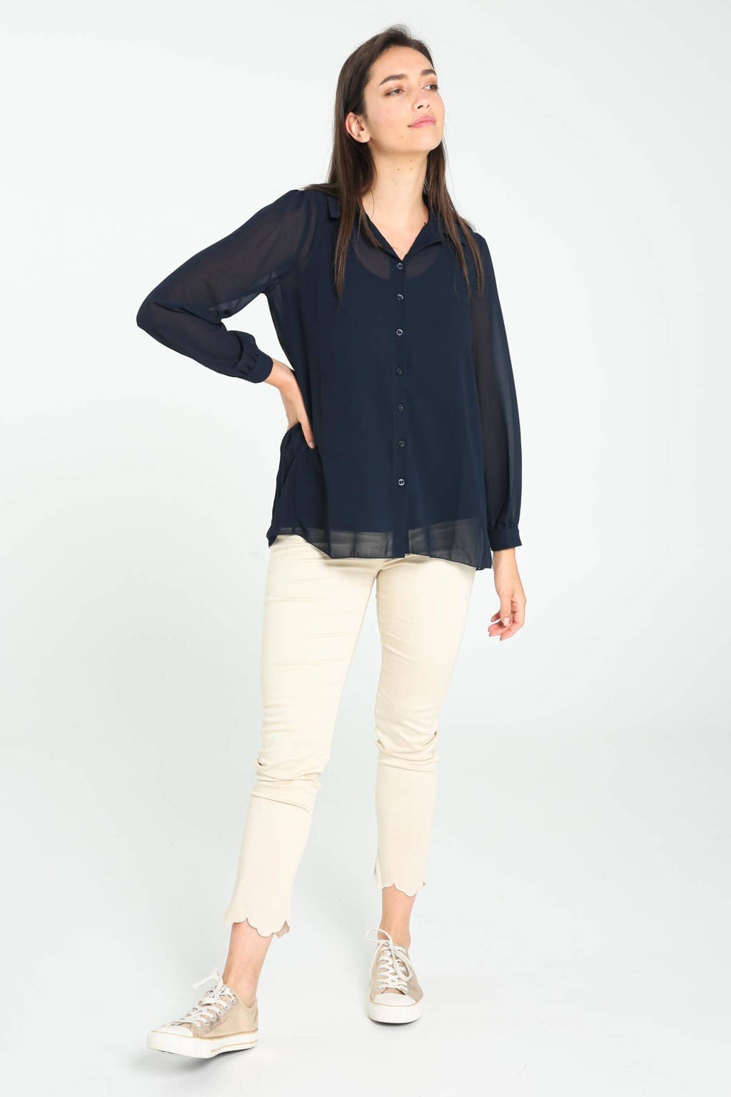 Donkerblauwe dames Cassis semi-transparante blouse van polyester met lange mouwen, klassieke kraag en knoopsluiting