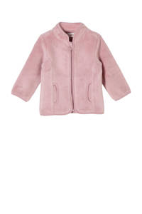 Roze meisjes s.Oliver baby vest van teddy materiaal met lange mouwen, ronde hals, ritssluiting en teddy detail
