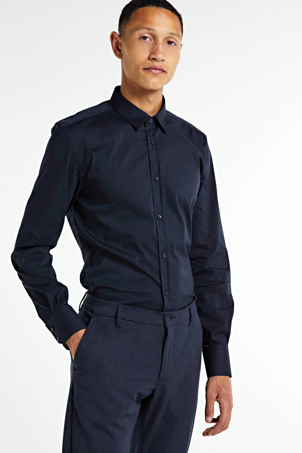 Donkerblauwe heren Antony Morato super slim fit overhemd met lange mouwen en klassieke kraag
