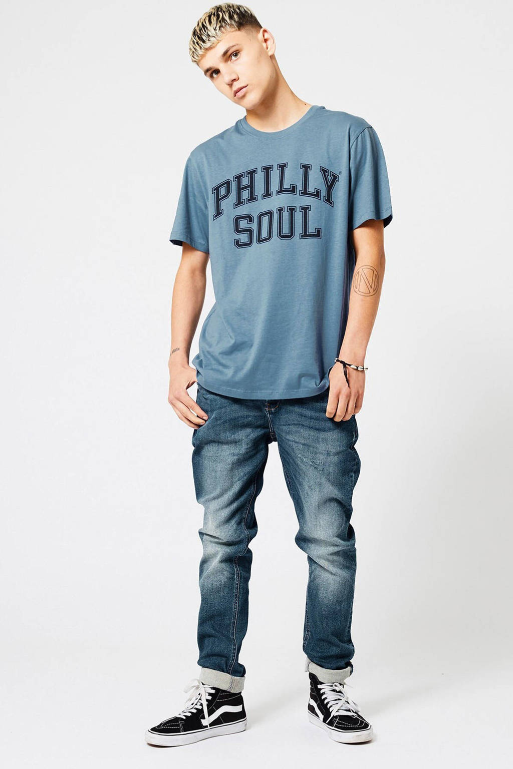 Blauwe heren America Today T-shirt Eddie Philly van katoen met tekst print, korte mouwen en ronde hals