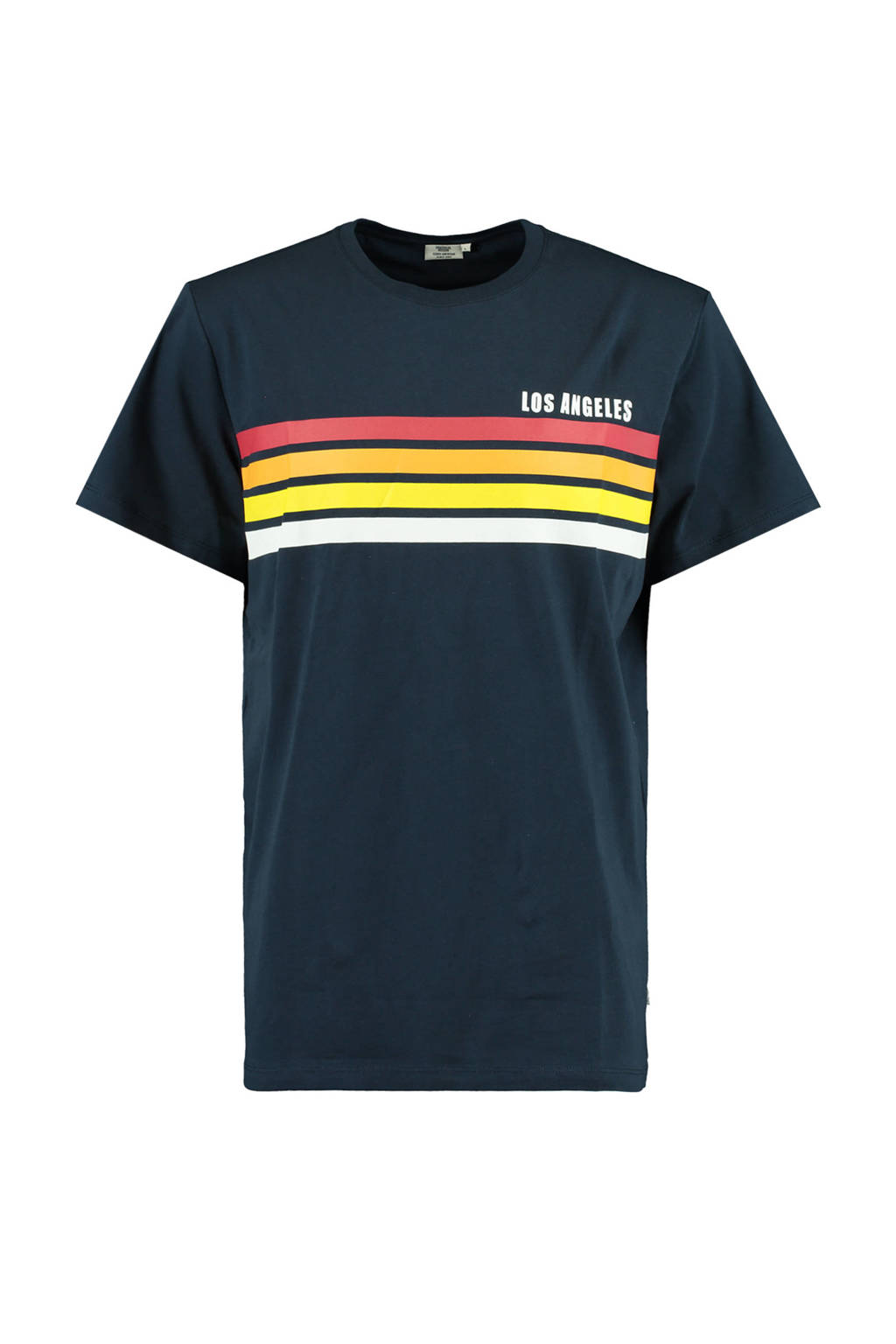 Blauwe heren America Today T-shirt Ello Stripe van katoen met printopdruk, korte mouwen en ronde hals