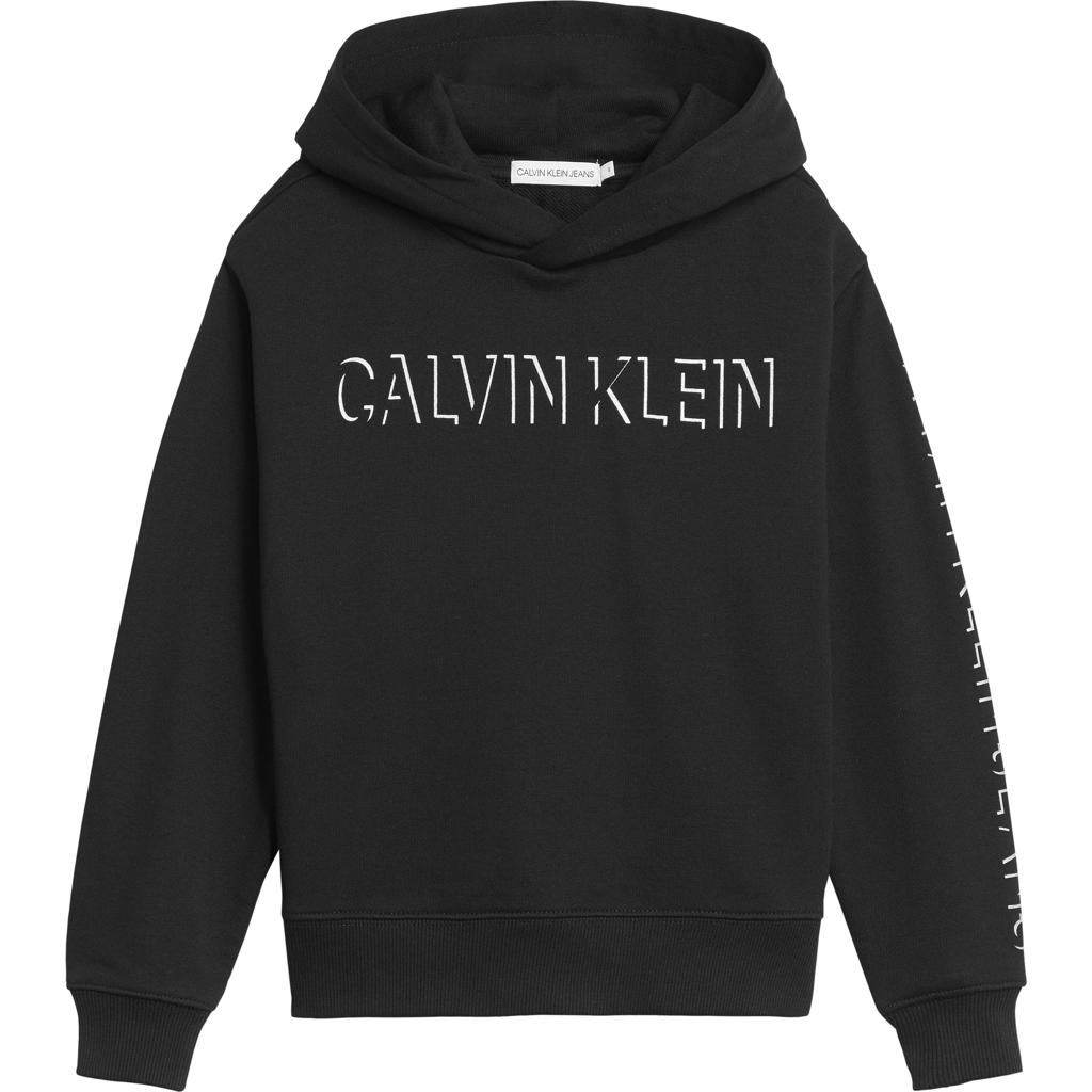 Zwart en witte meisjes CALVIN KLEIN JEANS hoodie van duurzame sweatstof met logo dessin, lange mouwen, capuchon en geribde boorden