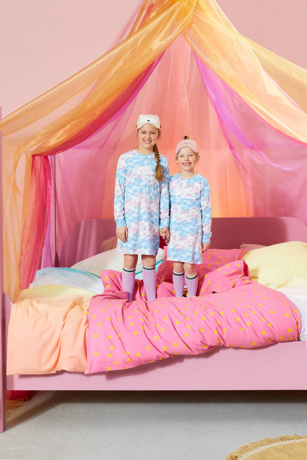De Zoete Zusjes by Wehkamp nachthemd met wolken print roze/lichtblauw, Roze/Lichtblauw/Wit