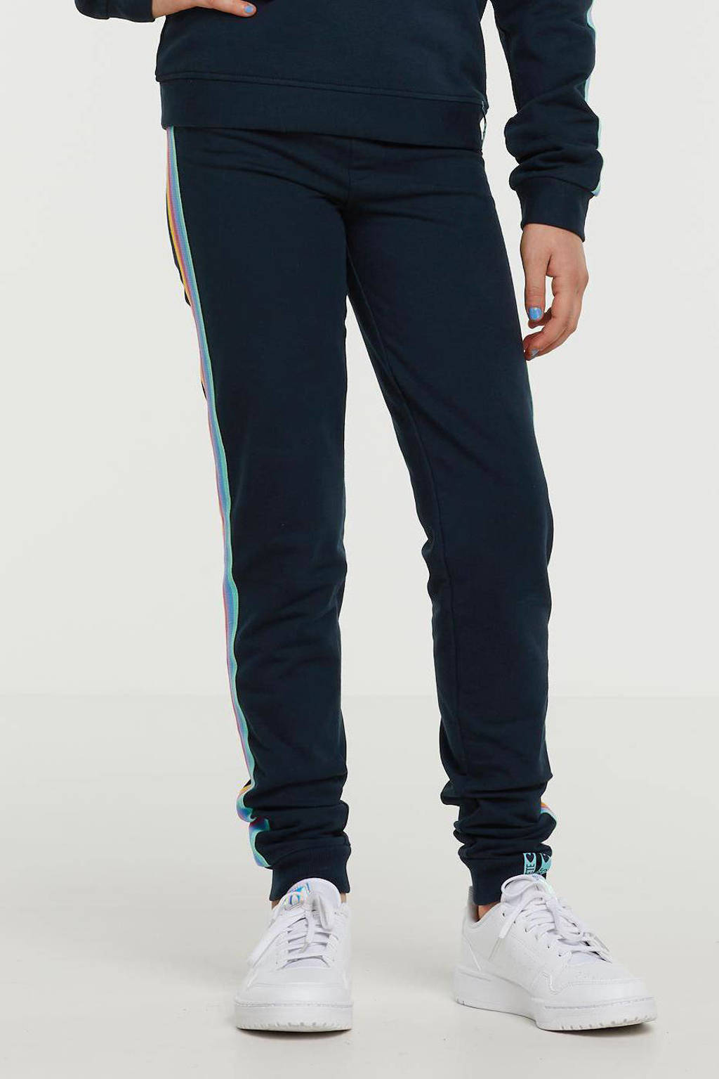 De Zoete Zusjes by Wehkamp slim fit broek met zijstreep donkerblauw/geel/roze/groen, Donkerblauw/geel/roze/groen