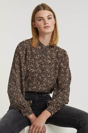 blouse met bladprint zwart/bruin/ecru
