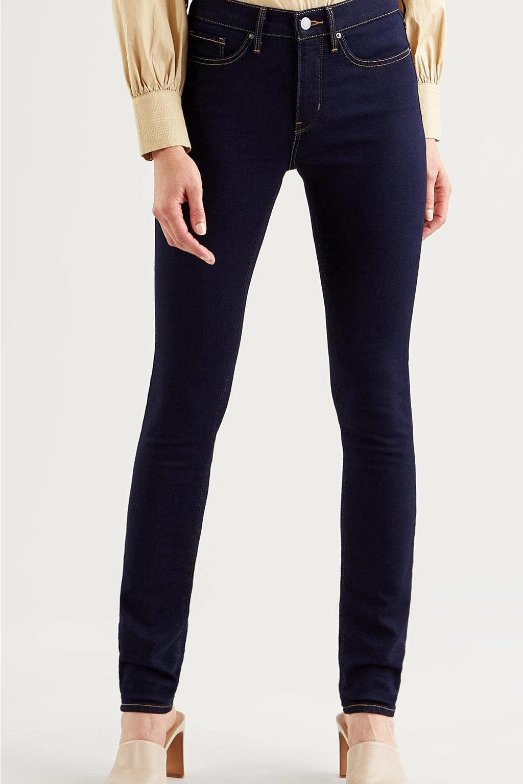 Donkerblauwe dames Levi's shaping skinny skinny jeans van stretchdenim met regular waist en rits- en drukknoopsluiting