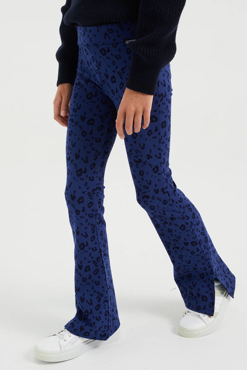 WE Fashion flared broek met panterprint blauw/zwart, Blauw/zwart