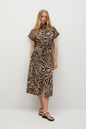 blousejurk met zebraprint en ceintuur beige/zwart