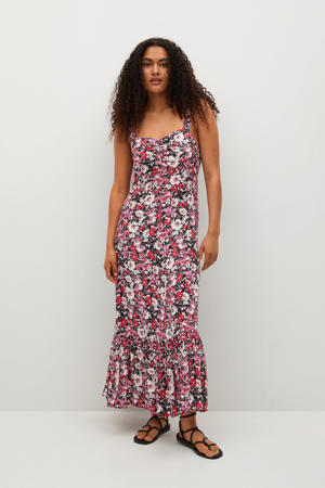 gebloemde maxi jurk zwart/roze/rood