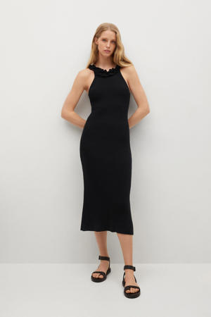 gebreide halter jurk met ruches zwart