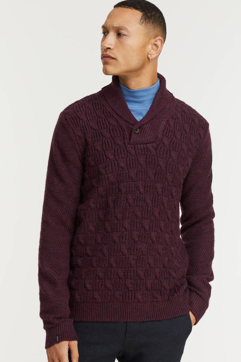 Aubergine heren Vanguard trui van acryl met lange mouwen, sjaalkraag, knoopsluiting en textuur