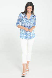 Blauwe dames Cassis blouse van polyester met all over print, driekwart mouwen, klassieke kraag en knoopsluiting