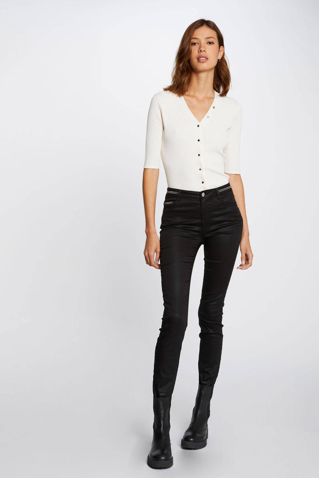 Zwarte dames Morgan slim fit broek van coated materiaal met regular waist en effen