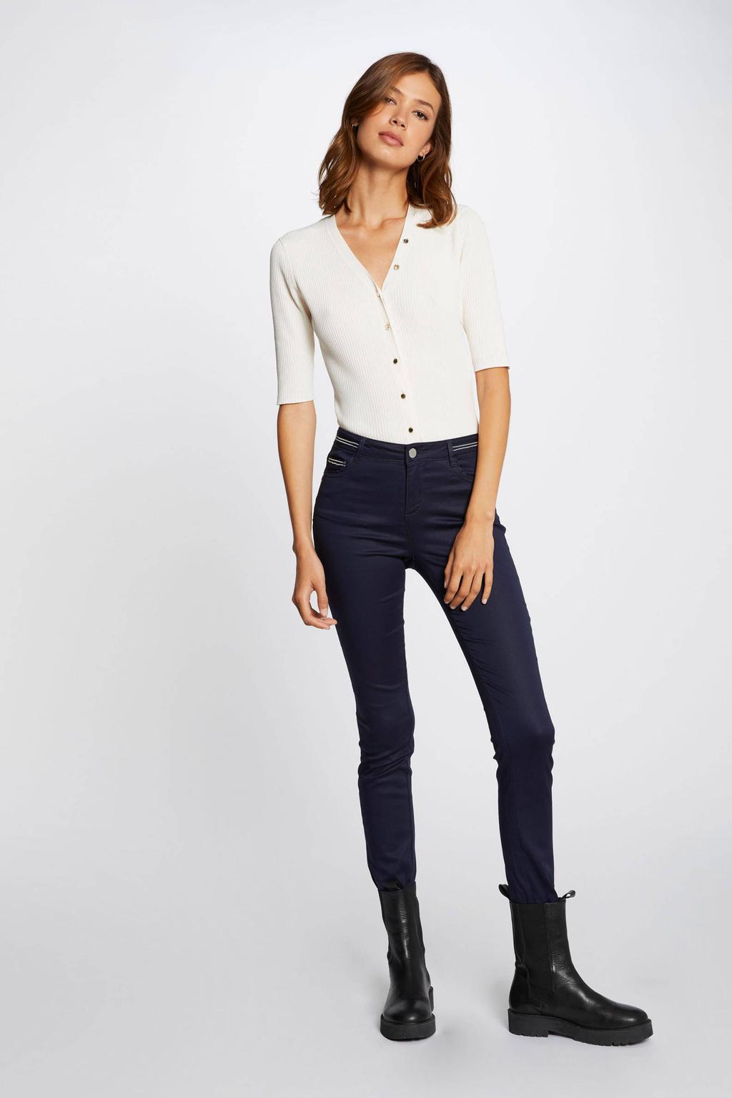 Donkerblauwe dames Morgan slim fit broek van coated materiaal met regular waist en effen