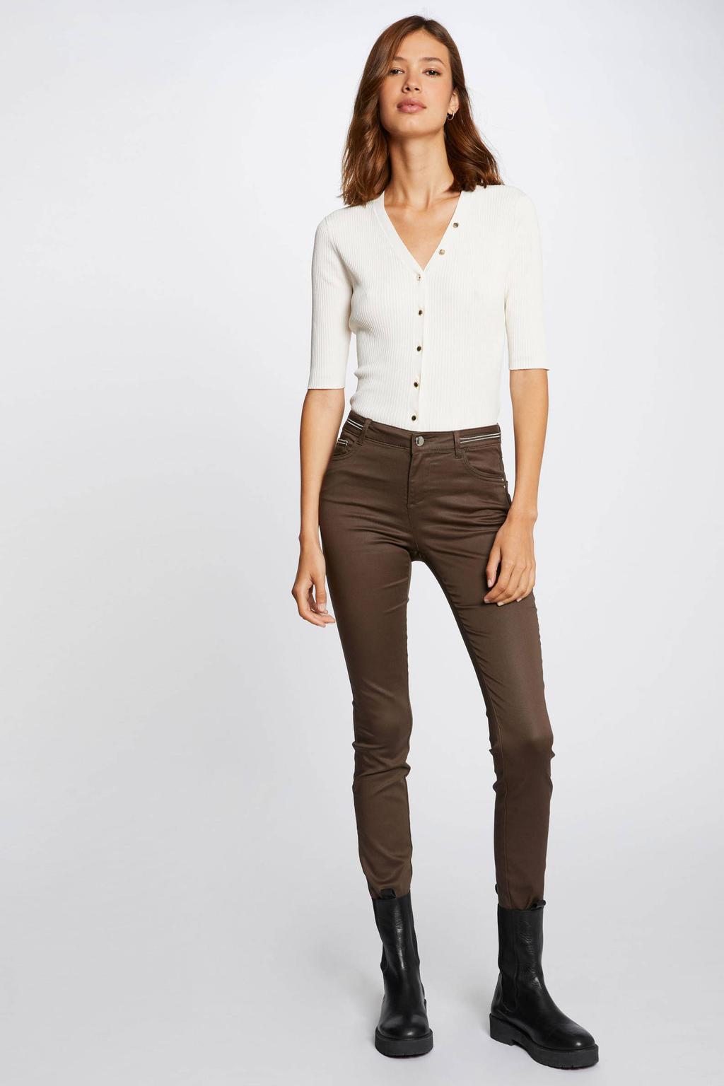 Bruine dames Morgan slim fit broek van coated materiaal met regular waist en effen