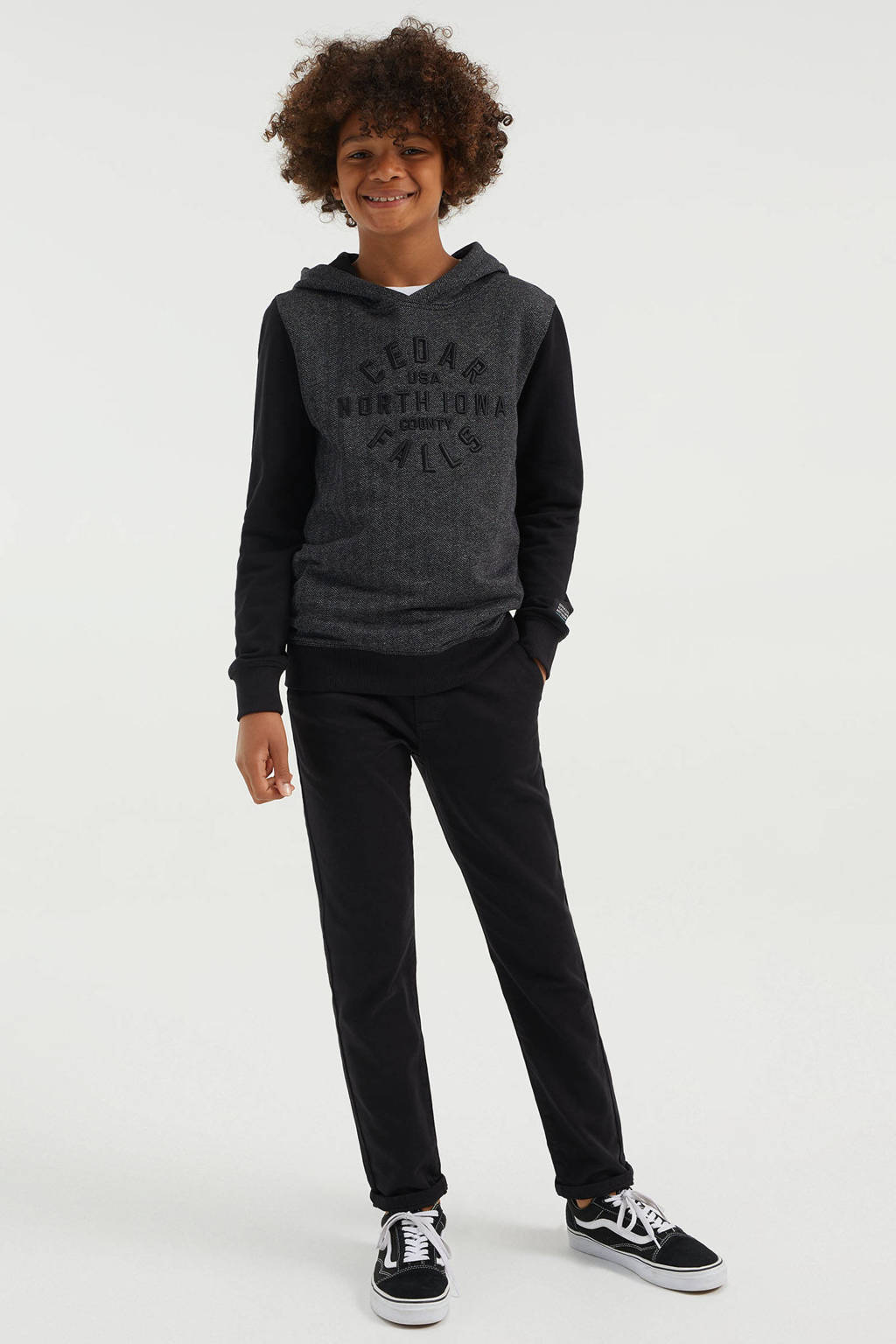 Zwarte jongens WE Fashion hoodie met tekst print, lange mouwen, capuchon en geribde boorden