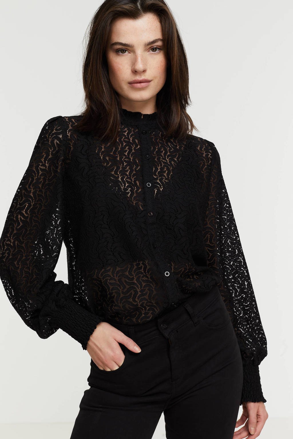 Zwarte dames Shoeby Eksept semi-transparante blouse Stretch Lace van polyester met lange mouwen, opstaande kraag en knoopsluiting