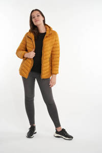 Okergele dames MS Mode lichtgewicht gewatteerde jas met lange mouwen, capuchon, ritssluiting en doorgestikte details