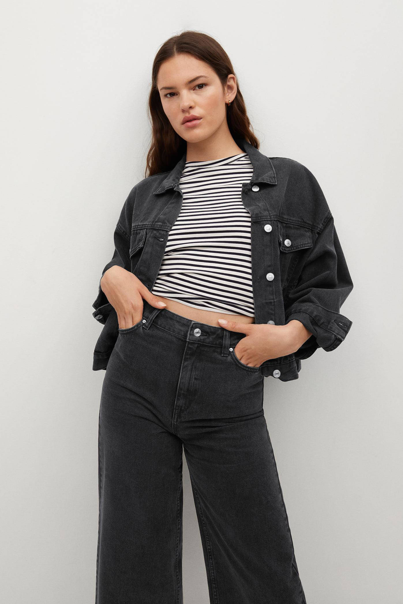 Mango high waist wide leg jeans met krijtstreep changeant grijs | wehkamp