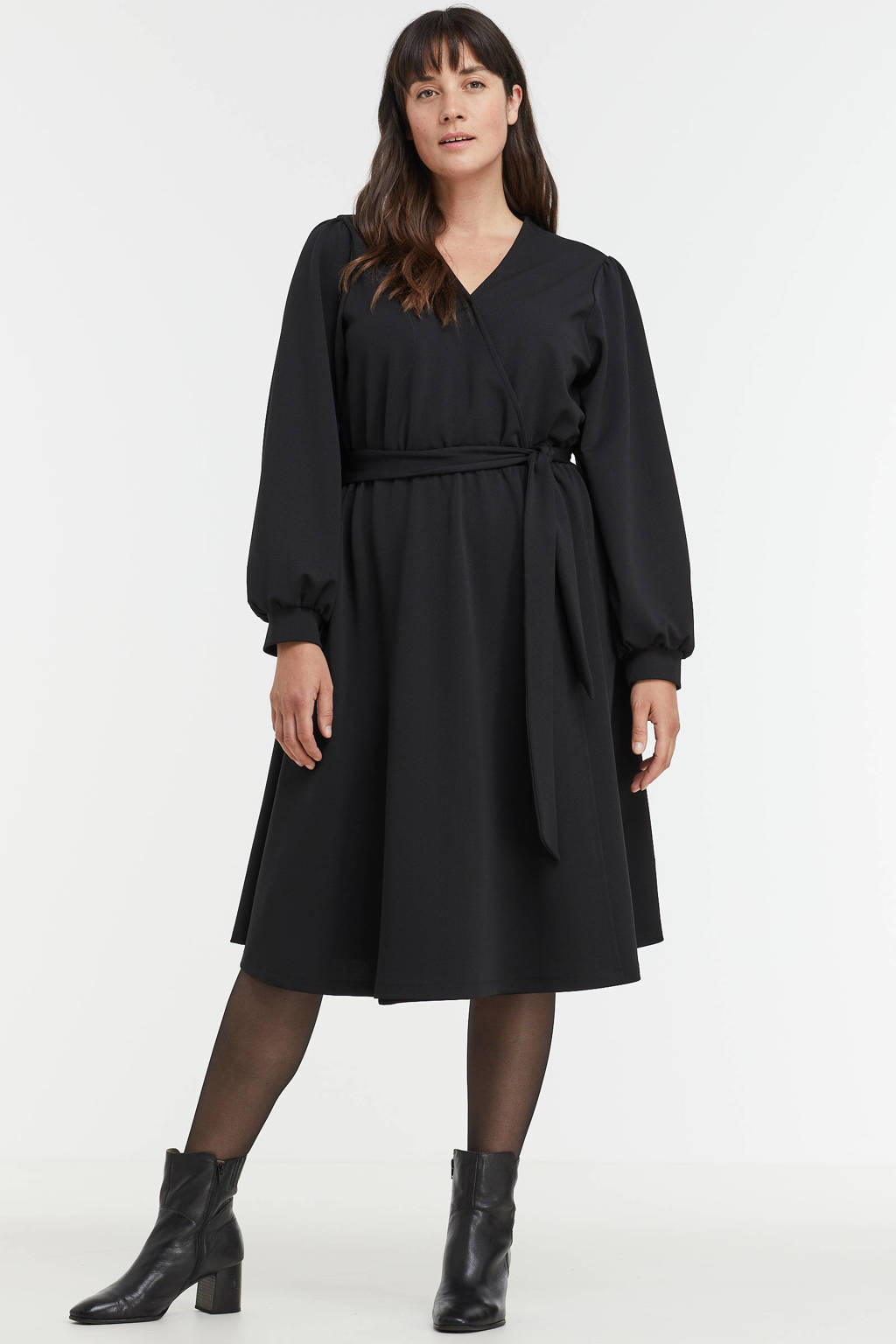 Zwarte dames GREAT LOOKS overslagjurk van polyester met lange mouwen, V-hals, elastische tailleband met koord en ceintuur