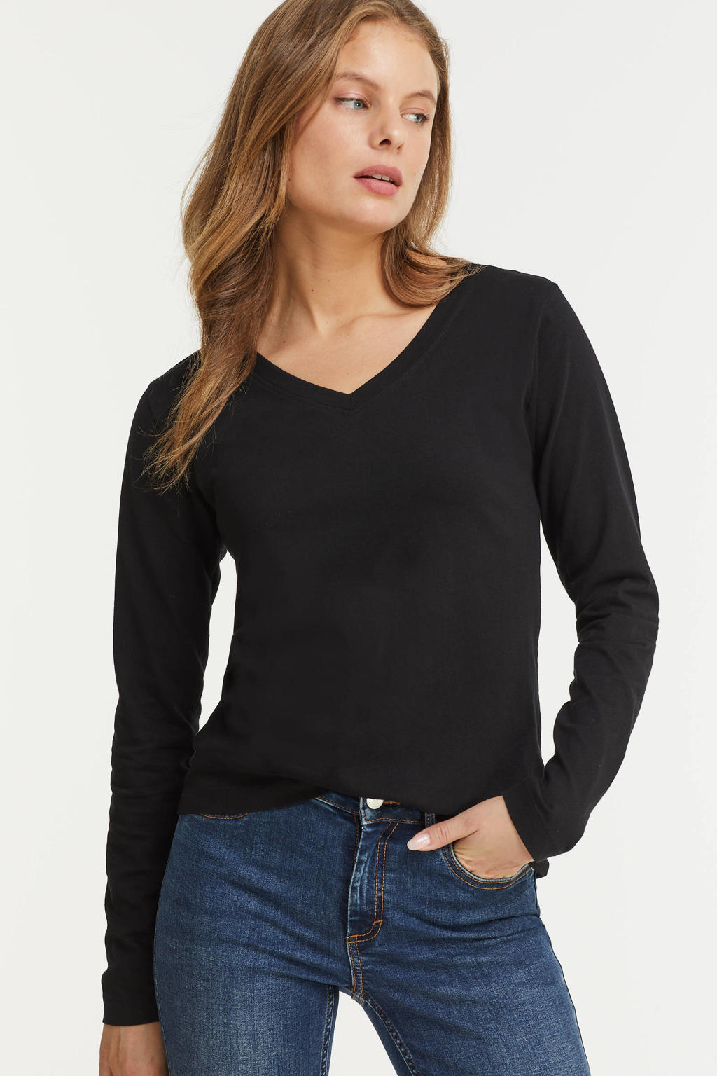 Zwarte dames anytime longsleeve top V-hals van katoen met effen en lange mouwen