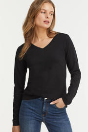 thumbnail: Zwarte dames anytime longsleeve top V-hals van katoen met effen en lange mouwen