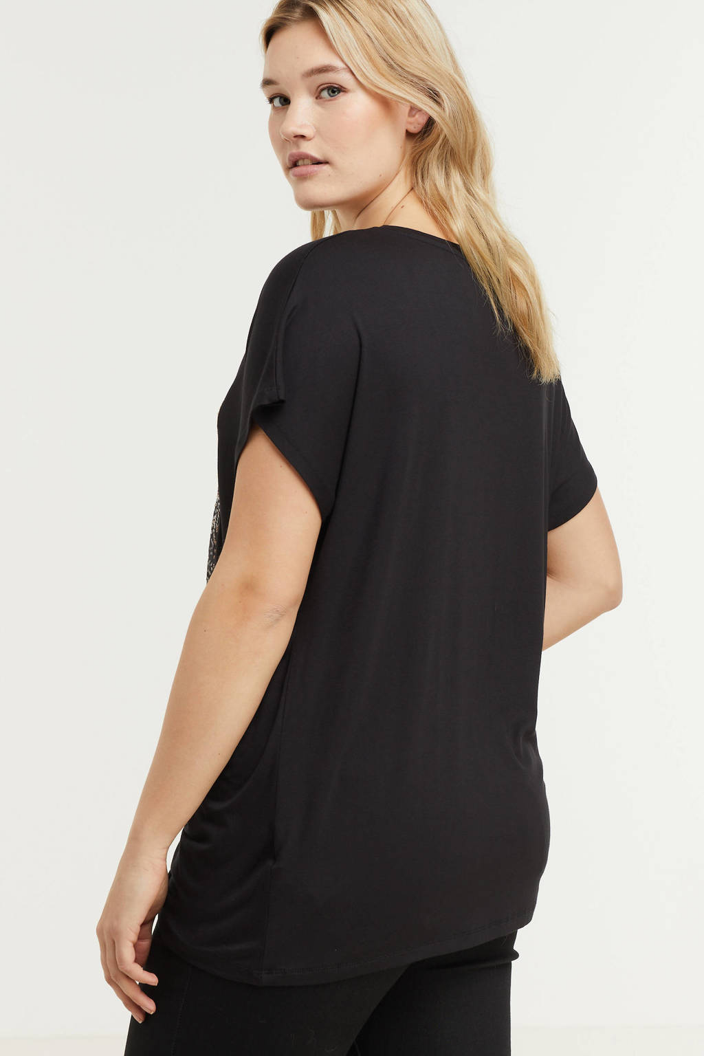 Zwart en multikleurige dames z-one T-shirt Moments van viscose met kapmouwtjes, ronde hals en borduursels