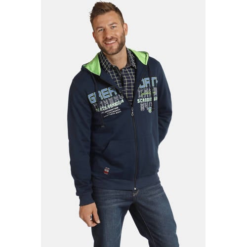 Jan Vanderstorm sweatvest STORR Plus Size met tekst donkerblauw afbeelding