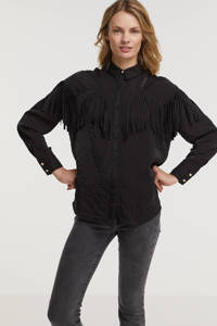 Zwarte dames JOSH V blouse Coco van acetaat met lange mouwen, klassieke kraag, blinde knoopsluiting en franjes