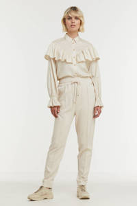 Ecru dames JOSH V geweven blouse Davis van biologisch katoen met lange mouwen, klassieke kraag, knoopsluiting en ballonmouwen