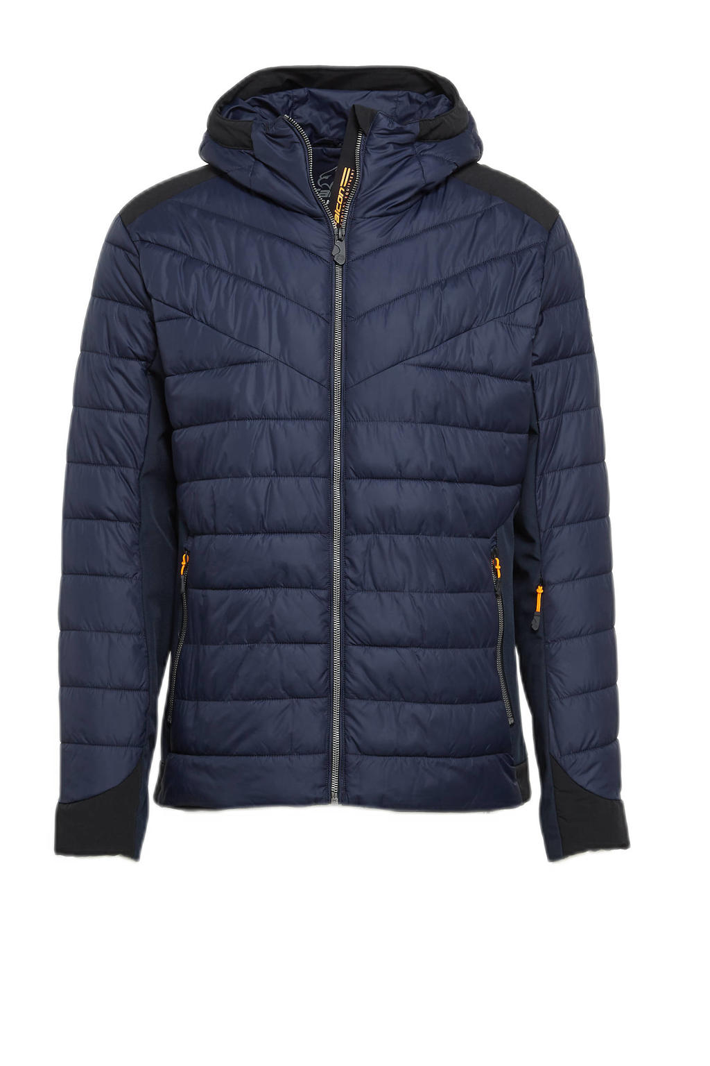Donkerblauwe heren Falcon winterjas Crawler van polyamide met lange mouwen, capuchon en ritssluiting