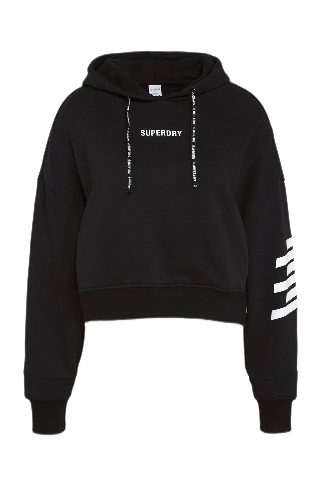 Zwarte dames Superdry Sport sporthoodie van katoen met printopdruk, lange mouwen, capuchon en geribde boorden